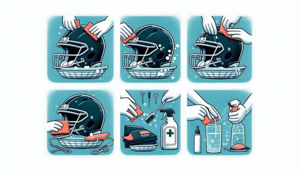 a collage of hands cleaning a helmet